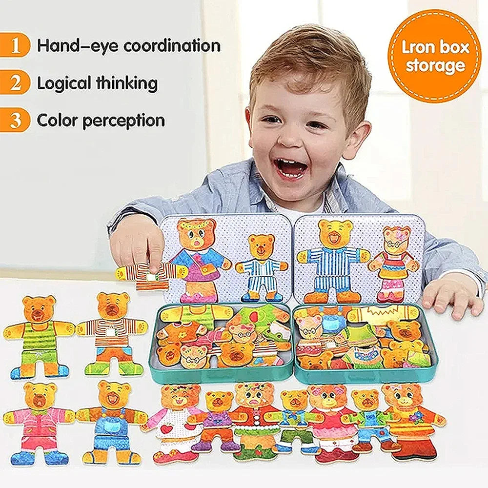 Wooden bear family dress up puzzle